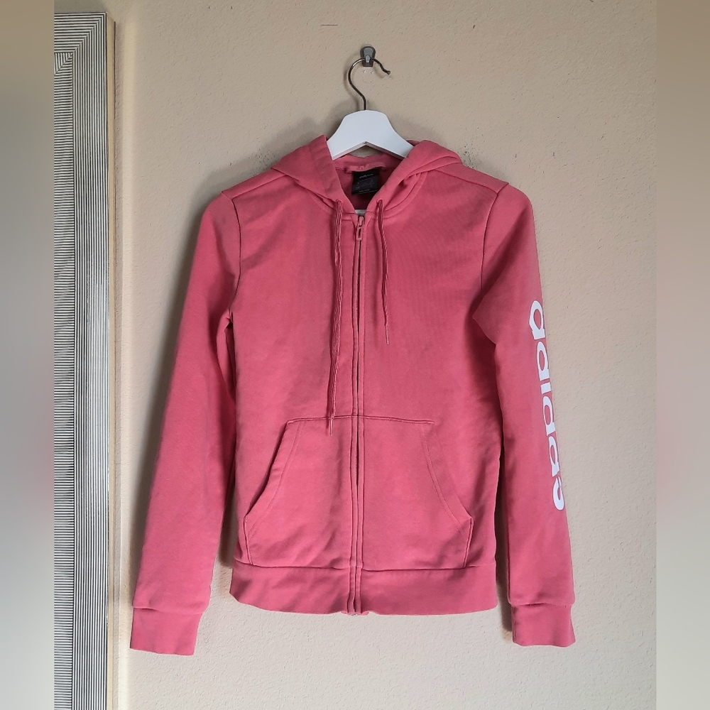 Coral Pink Adidas Zip Up Hoodie Sweatshirt Activewear Workout Sporty Street